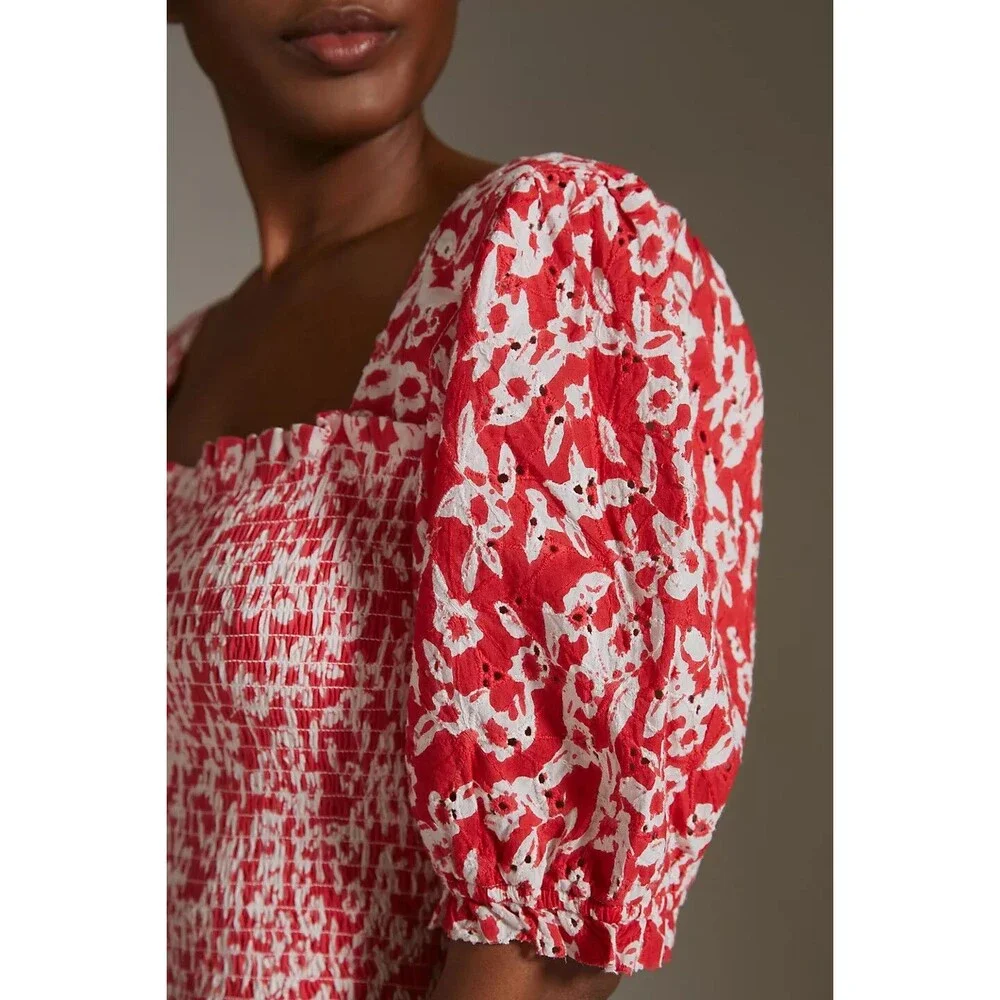 Anthropologie Smocked Eyelet Blouse Cropped Top Floral Embroidered XXS 250151
